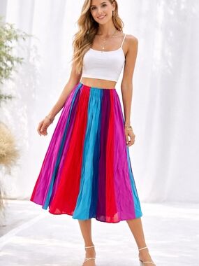 Handmade Colorful Midi Skirt Sheer Swim Cover Up Boho Festival Large Multicolor